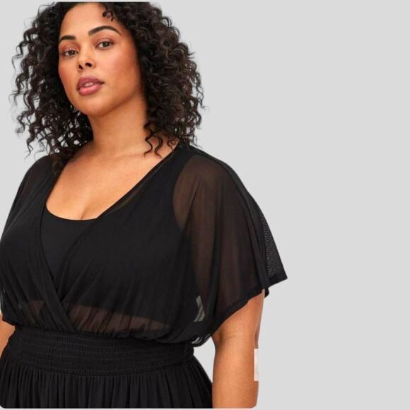TORRID Plus Size Black mesh retro chic smocked swimsuit cover-up dress 4X - Picture 3 of 16